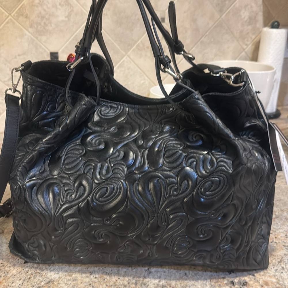 Elegant Black Embossed Italian Leather Extra-Large Tote with Twilly Accent - New